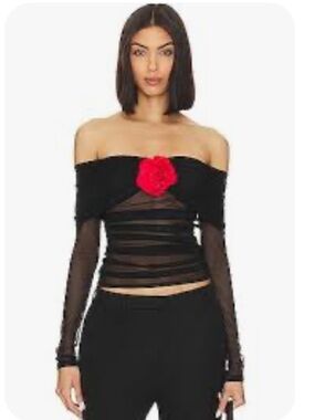 AMANDA UPRICHARD x REVOLVE Nellia Blouse in Black Mesh with Red Rose - Size S